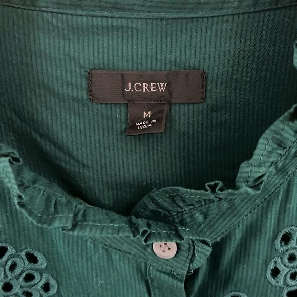 J. Crew Women’s Emerald Green Eyelet 1/2 Button Exaggerated Ruffle Sleeve Blouse - Picture 6 of 8